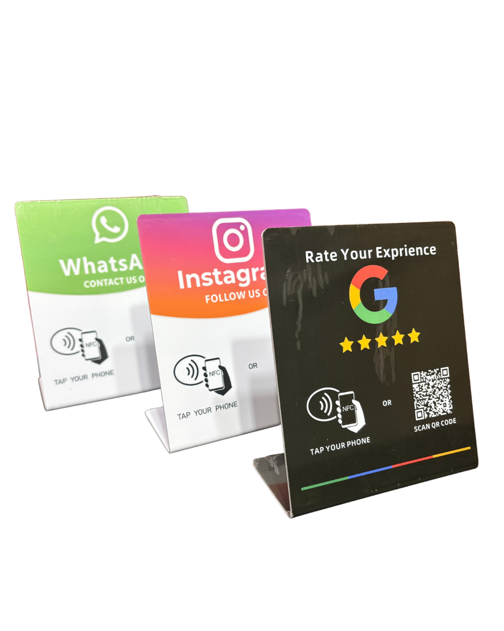 Pack 3 Tarjetas NFC de Mesa (WhatsApp + Instagram + Google Reviews)