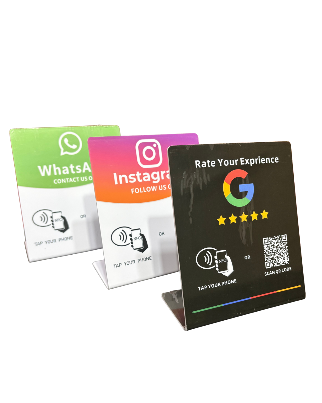 Pack 3 Tarjetas NFC de Mesa (WhatsApp + Instagram + Google Reviews)