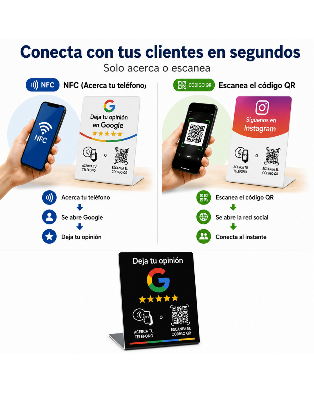 Pack 3 Tarjetas NFC de Mesa (WhatsApp + Instagram + Google Reviews)