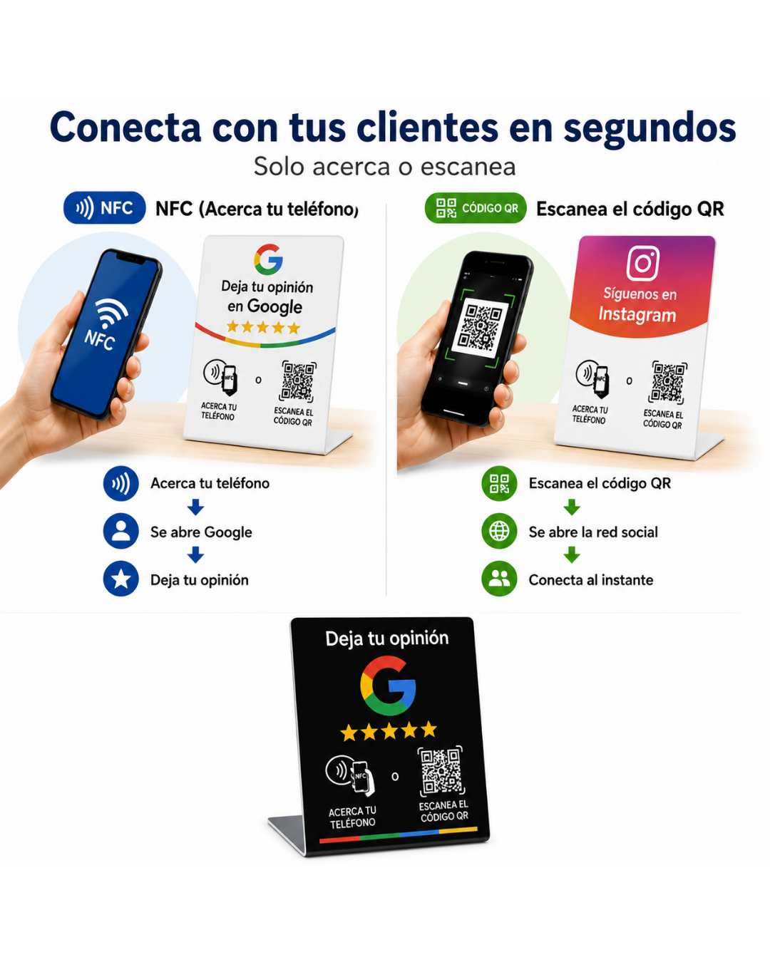 Pack 3 Tarjetas NFC de Mesa (WhatsApp + Instagram + Google Reviews)