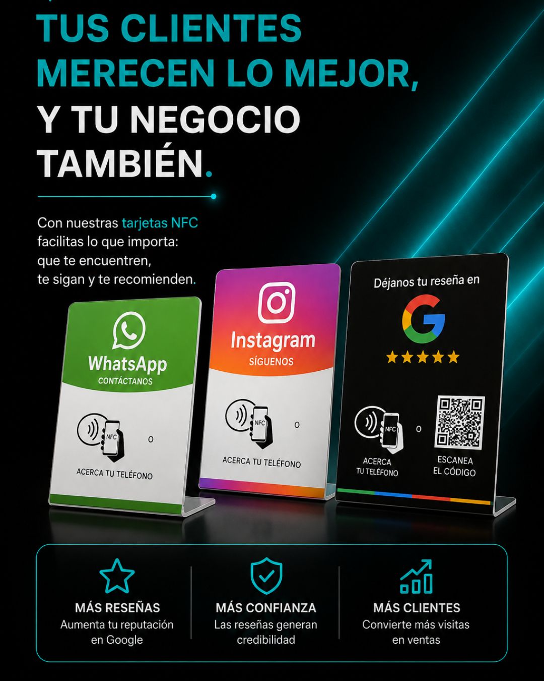 Pack 3 Tarjetas NFC de Mesa (WhatsApp + Instagram + Google Reviews)